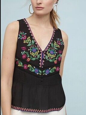 Maeve Carlotta Embroidered Blouse Black Vibrant Floral Sleeveless Size XS NWOT